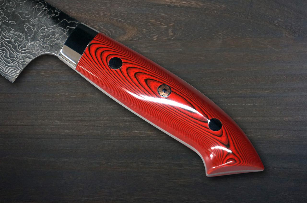 Takeshi Saji R2 Diamond Finish Damascus MCRB-NNM Japanese Chef's Gyuto Knife 210mm with Dark-Red Micarta Handle Nomura Special 