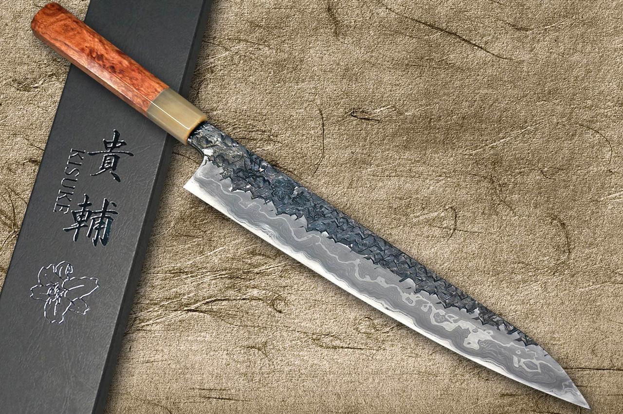 Kisuke Manaka ENN Blue#1 Kurouchi Hammered KRBFW Japanese Chef's Slicer(Sujihiki) 300mm with White Buffalo Ferrule Karin Lump Handle 