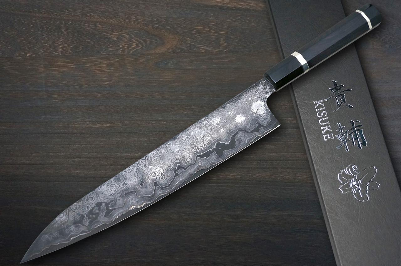 Kisuke Manaka KOKUENN Blue#1 Black Finished EBBFB2 Japanese Chef's Slicer(Sujihiki) 300mm with Double Buffalo Ringed Ebony Handle 