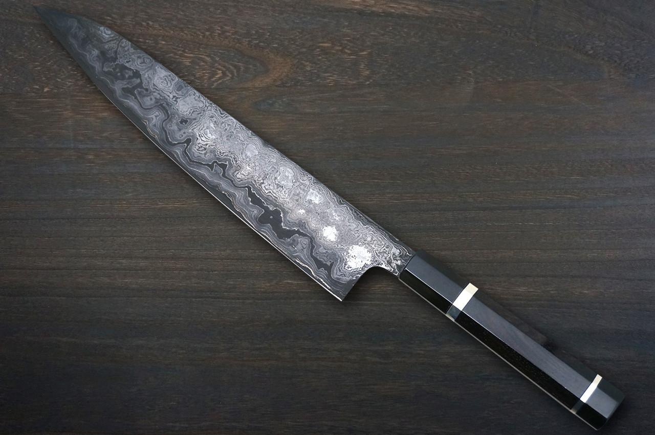 Kisuke Manaka KOKUENN Blue#1 Black Finished EBBFB2 Japanese Chef's Slicer(Sujihiki) 300mm with Double Buffalo Ringed Ebony Handle 