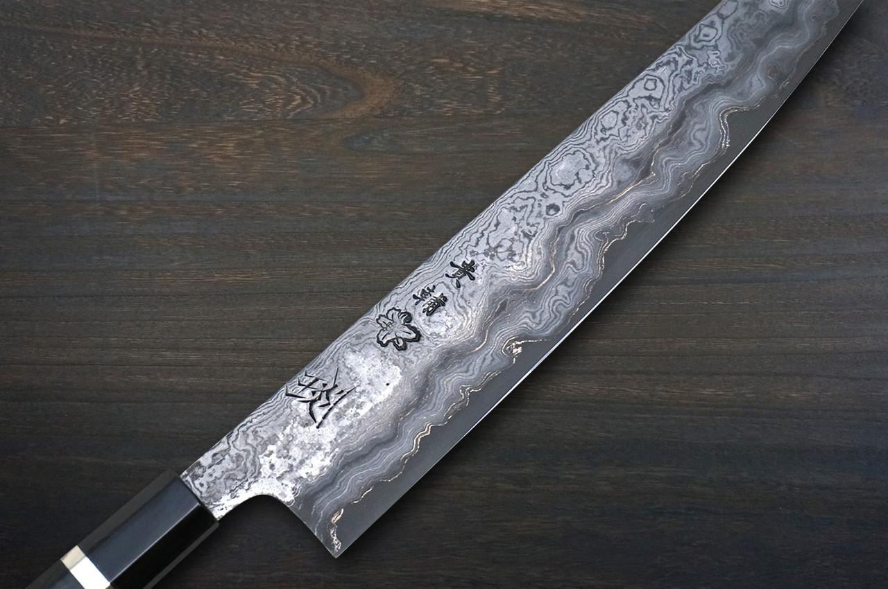 Kisuke Manaka KOKUENN Blue#1 Black Finished EBBFB2 Japanese Chef's Slicer(Sujihiki) 300mm with Double Buffalo Ringed Ebony Handle 