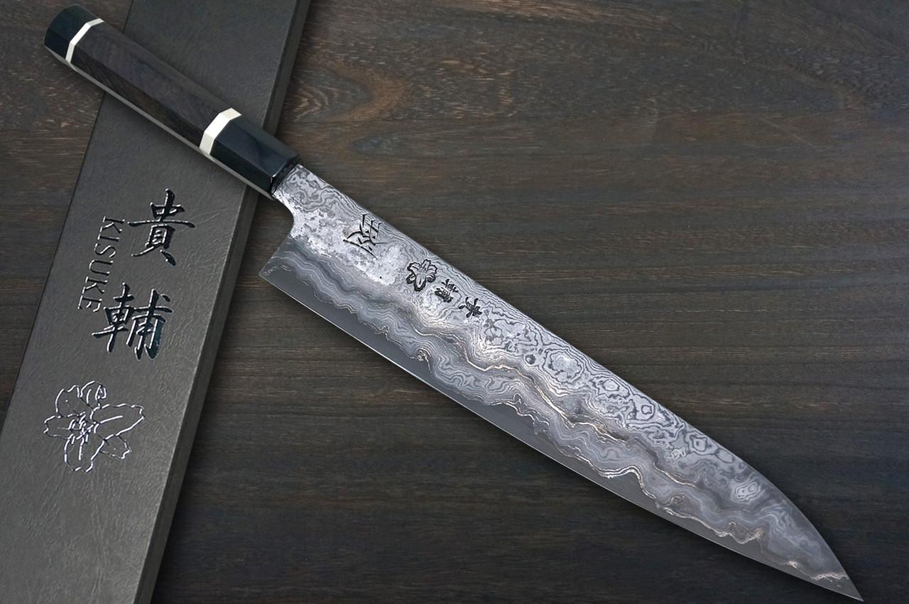 Kisuke Manaka KOKUENN Blue#1 Black Finished EBBFB2 Japanese Chef's Slicer(Sujihiki) 300mm with Double Buffalo Ringed Ebony Handle 