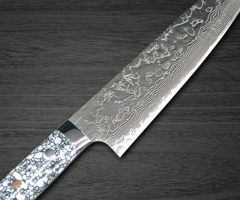 Takeshi Saji R2 Diamond Finish Damascus TCR Japanese Chef's Gyuto Knife  210mm with Red Turquoise Handle