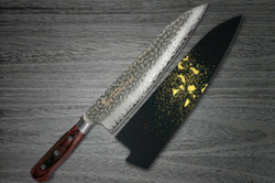 Sakai Takayuki 33-Layer VG10 Damascus Hammered Japanese Chefs Gyuto Knife and Saya SET 210mm with Genuine 24K Gold Star Stream Saya Sheath