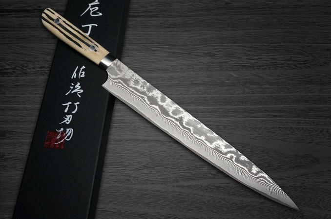 Takeshi Saji VG10 Black Damascus DHW Japanese Chef's Chinese Cooking Knife  220mm with White Antler Handle