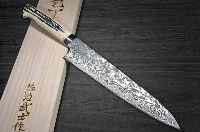 馬元 手卷 武佐治VG10 黑色大马士革DHW 日本厨师三德刀180毫米带白色鹿角