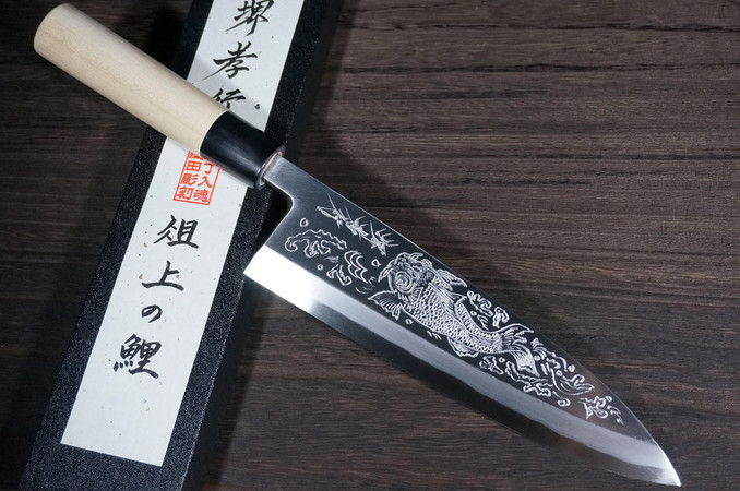 Sakai Takayuki Kasumitogi Buffalo Tsuba Engraving Art Japanese Chef's Deba  Knife 210mm Maiko-to-Sakura(Geisha & Cherry Blossoms)