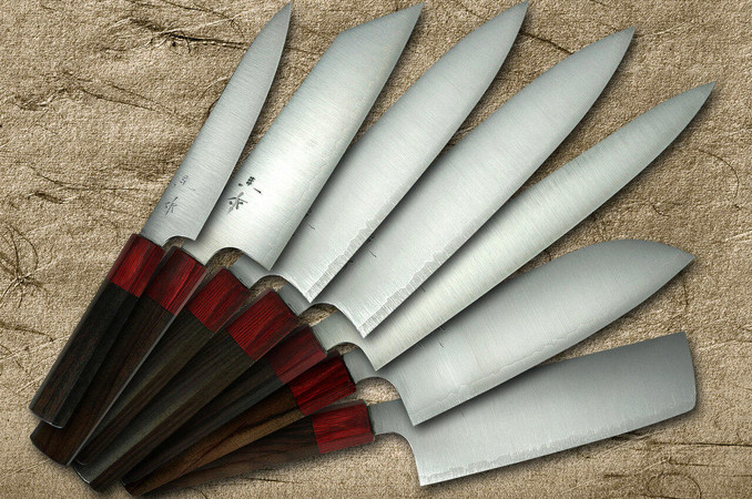 Kei Kobayashi R2 Special Finished CS Japanese Chef's Knife SET  (Gyuto210-Slicer-Bunka-Vegetable-Petty) with Red Lacquered Wood Handle