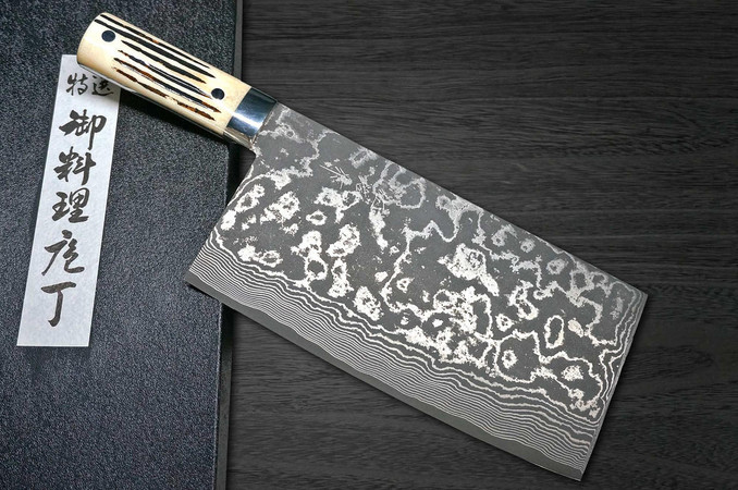 Takeshi Saji R2(SG2) Black Damascus DHW Japanese Chef's Chinese Cooking  Knife 220mm with White Antler Handle