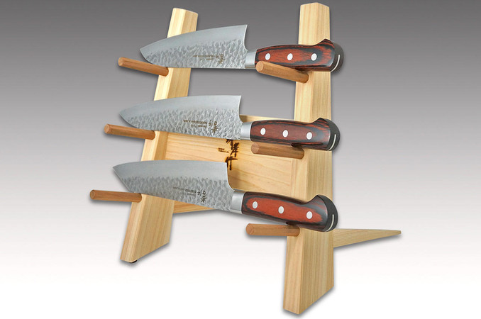 Made-in-Japan Sakai Takayuki Designer Wood Knife Tower Rack for 3 Knives  [Wild Cherry Wood]