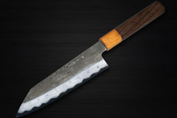 Satoshi Nakagawa Aogami #1 Damascus Kurouchi RS8M Japanese Chef's Bunka Knife 170mm with Light-Brown-Ring Octagonal Handle 