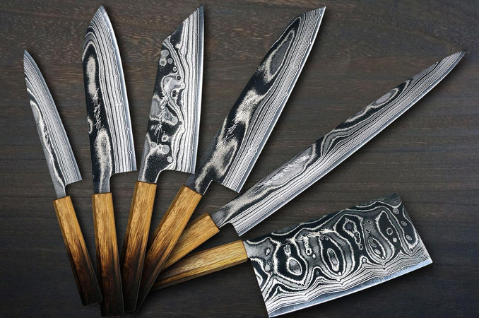 Keiichi Fujii AUS10 Nickel Damascus OK8B Japanese Chef's Knife SET