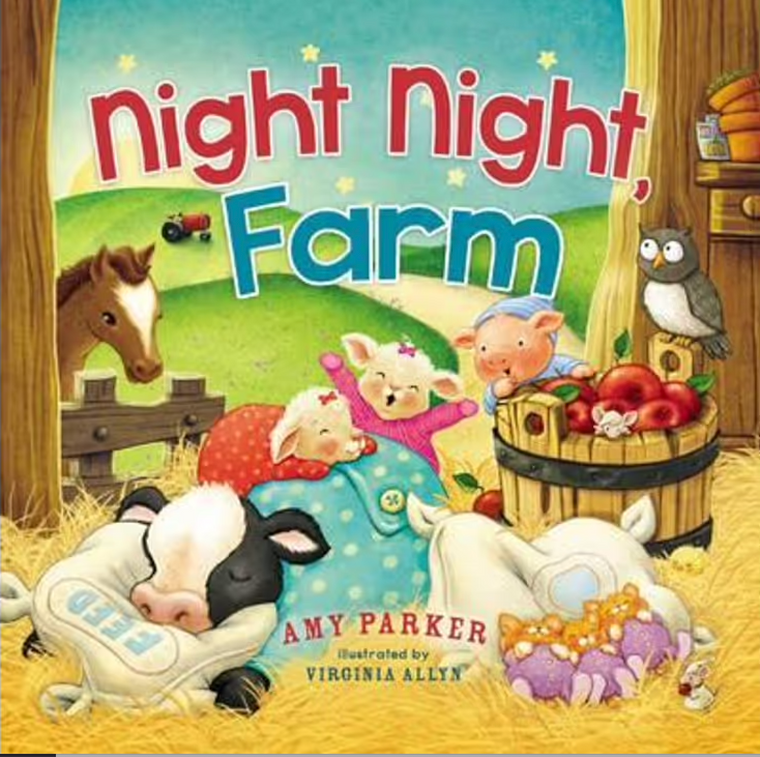 Join these adorable farm animals in pajamas as they say night night to the farm, to their mommies and daddies, and to God.