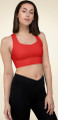 Right front view of the Longline Sports Bra in Poppy Red, featuring a modern scoop neckline and a supportive, structured crop silhouette.