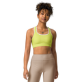 Front view of the Anuri Kinetic Racerback Sports Bra in Lemon Grass displaying the double-layered front panel and white contrast trim.