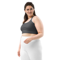 Side view of the Anuri Kinetic Racerback Sports Bra in Dark Gull Gray featuring a scoop neckline and white contrast athletic binding.