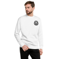 Model wearing premium sweatshirt with small white lion chest logo – unisex sustainable activewear by Anuri.