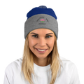 Anuri Classic Pom-Pom Beanie – blue and grey knit winter hat with embroidered logo