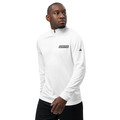 Model wearing white Adidas quarter zip pullover with “Momentum” logo – premium lightweight pullover by Anuri Activewear.