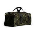 a spacious duffle bag featuring a classic green, brown, and black military camouflage pattern. It has black padded handles and a black adjustable shoulder strap.