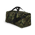 a spacious duffle bag featuring a classic green, brown, and black military camouflage pattern. It has black padded handles and a black adjustable shoulder strap.