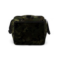 a spacious duffle bag featuring a classic green, brown, and black military camouflage pattern. It has black padded handles and a black adjustable shoulder strap.