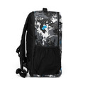 an urban utility backpack featuring an urban camouflage design in black, gray, white, and blue. The backpack has multiple zippered compartments and a side mesh pocket.