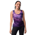 Model wearing Anuri Flow women’s tank top with purple abstract print, front view.