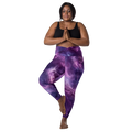 Model wearing Anuri Flow recycled crossover leggings with pockets in purple abstract print, front view.