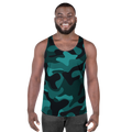 Front view of an athletic male athlete wearing the regular fit Anuri Ignite Men’s Tank Top in teal and dark camo pattern.