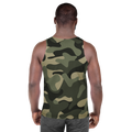 Back view of an athletic male athlete showcasing the shoulder drape and premium mid-weight jersey material of the green camouflage pattern.