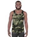 Front view of an athletic male athlete wearing the regular fit Anuri Flow Men’s Tank Top in Earth green camouflage pattern.