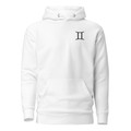 Anuri Elemental Gemini Premium Pullover Hoodie featuring minimalist Gemini zodiac symbol on left chest and modern athletic fit.