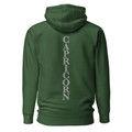Anuri Elemental Capricorn hoodie, back view with vertical Capricorn lettering.