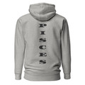 Anuri Elemental Pisces premium pullover hoodie in Carbon Grey, back view with vertical black PISCES lettering.