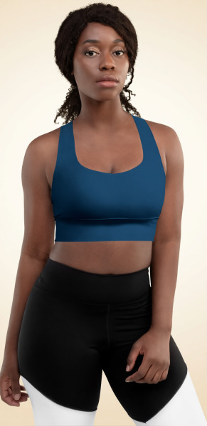 Front view of the Anuri EcoForm Recycled Longline Sports Bra in Crown Blue, featuring a modern scoop neckline and a supportive, structured crop silhouette.