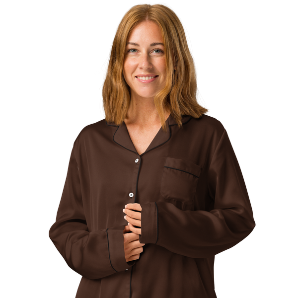 Woman wearing Anuri women’s long sleeve pajama top