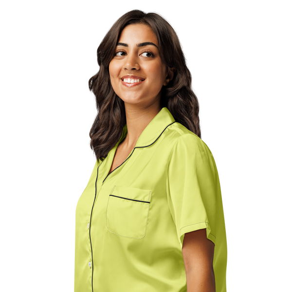 women’s short sleeve pajama top, button-up front, and chest pocket by Anuri Activewear.