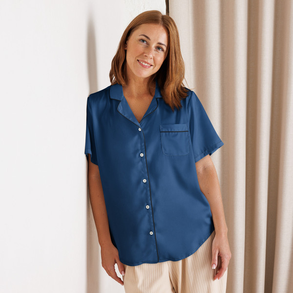 women’s short sleeve pajama top, button-up front, and chest pocket by Anuri Activewear.