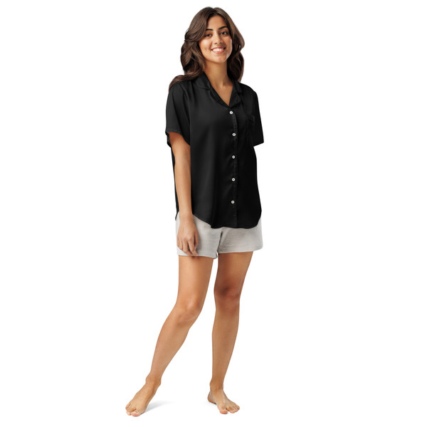 women’s short sleeve pajama top, button-up front, and chest pocket by Anuri Activewear.