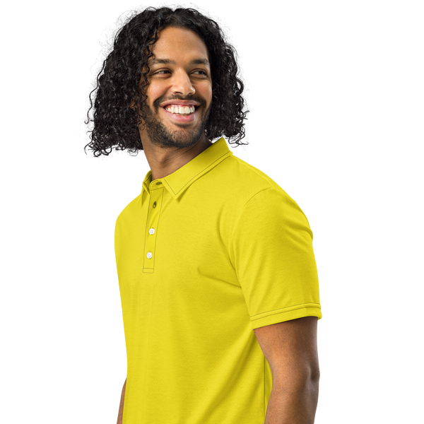 Model wearing Anuri slim fit polo shirt in Lemon Grass – lightweight, breathable, and eco-friendly
