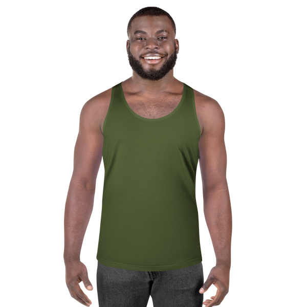 Model wearing deep lichen green relaxed-fit tank top – breathable, sustainable men’s activewear by Anuri.
