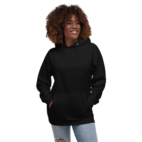 Women’s Performance Comfort Hoodie in premium cotton blend – front view with hood and pouch pocket