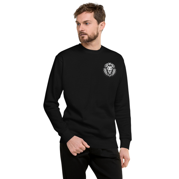 Model wearing premium sweatshirt with small white lion chest logo – unisex sustainable activewear by Anuri.