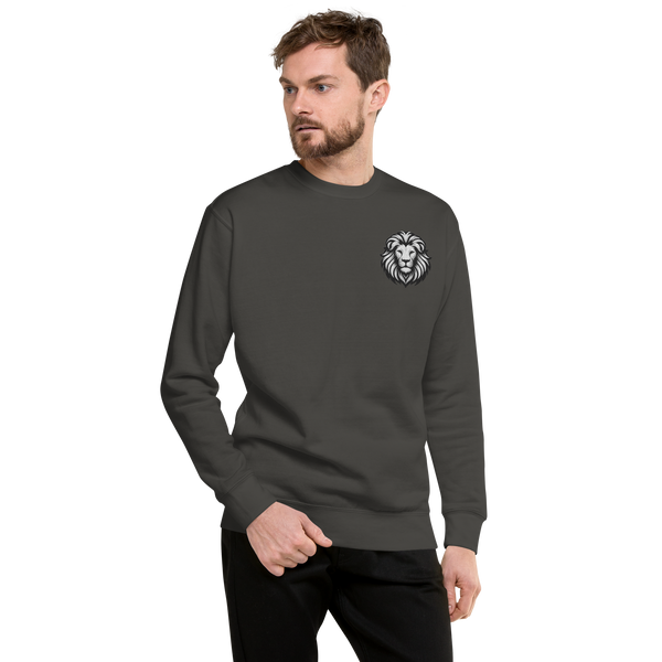 Model wearing premium sweatshirt with small white lion chest logo – unisex sustainable activewear by Anuri.