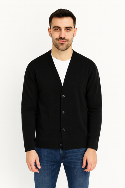 Model wearing men’s classic V-neck cardigan in Black – timeless, minimalist knitwear from Anuri Activewear.