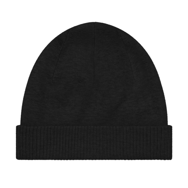 Anuri Activewear minimal black knit beanie with a cuffed rib fold, shown in a front view