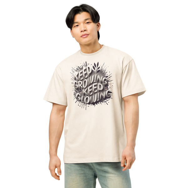 Model wearing vintage white “Keep Growing Keep Glowing” box t-shirt – classic oversized streetwear tee by Anuri Activewear.