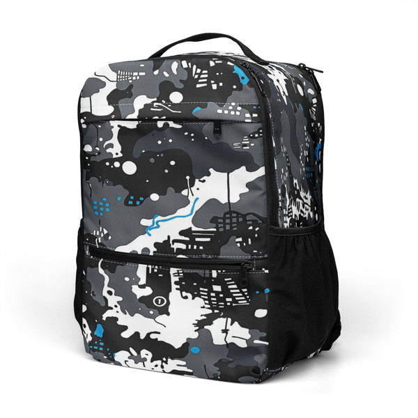 an urban utility backpack featuring an urban camouflage design in black, gray, white, and blue. The backpack has multiple zippered compartments and a side mesh pocket.