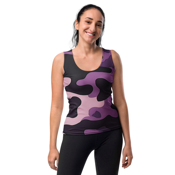 Anuri women’s purple camo performance tank top with four-way stretch fabric and dipped hem